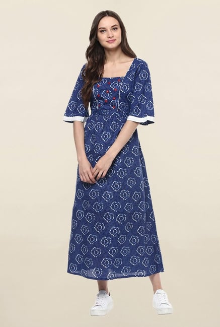 Jaipur Kurti Navy Printed Cotton Dress Jaipur Kurti Navy Printed Cotton Dress