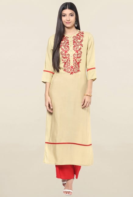 Jaipur Kurti Beige Embroidered Rayon Kurta Jaipur Kurti Beige Embroidered Rayon Kurta