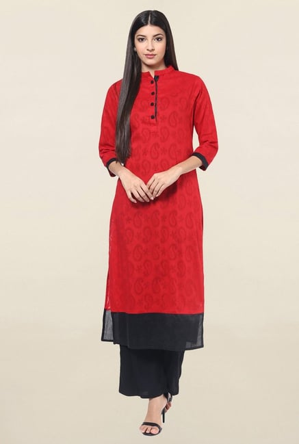 Jaipur Kurti Red Paisley Print Jacquard Cotton Kurta Jaipur Kurti Red Paisley Print Jacquard Cotton Kurta