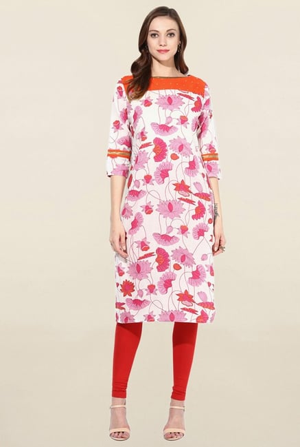 Jaipur Kurti White & Pink Floral Print Cotton Kurta Jaipur Kurti White & Pink Floral Print Cotton Kurta