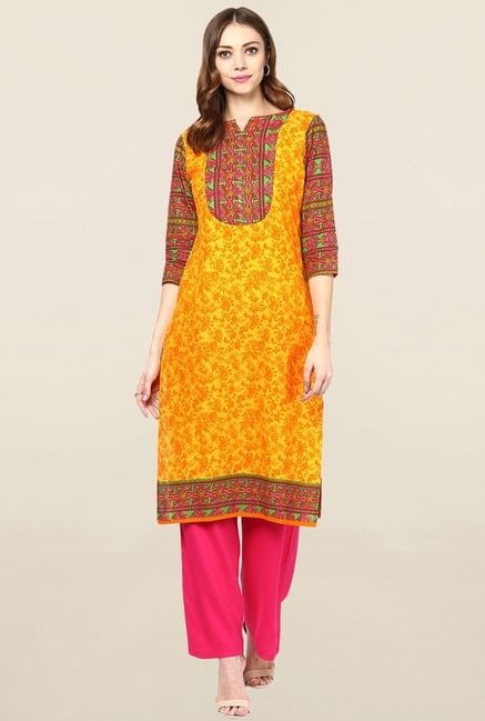 Jaipur Kurti Yellow Printed Cotton Kurta Jaipur Kurti Yellow Printed Cotton Kurta