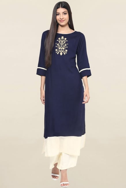 Jaipur Kurti Navy Embroidered Rayon Kurta Jaipur Kurti Navy Embroidered Rayon Kurta
