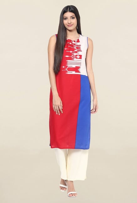 Jaipur Kurti Red & Blue Printed Cotton Kurta Jaipur Kurti Red & Blue Printed Cotton Kurta