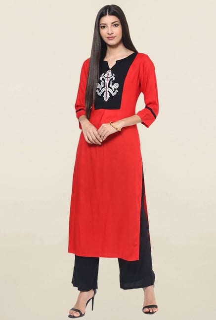 Jaipur Kurti Red Embroidered Rayon Kurta Jaipur Kurti Red Embroidered Rayon Kurta