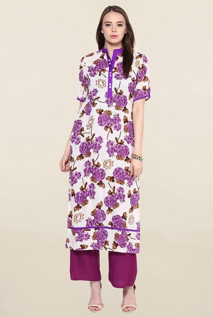Jaipur Kurti White & Purple Floral Print Cotton Kurta Jaipur Kurti White & Purple Floral Print Cotton Kurta