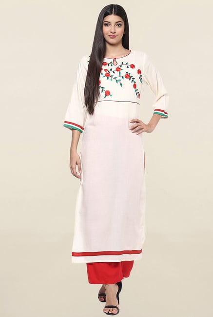 Jaipur Kurti White Embroidered Rayon Kurta Jaipur Kurti White Embroidered Rayon Kurta