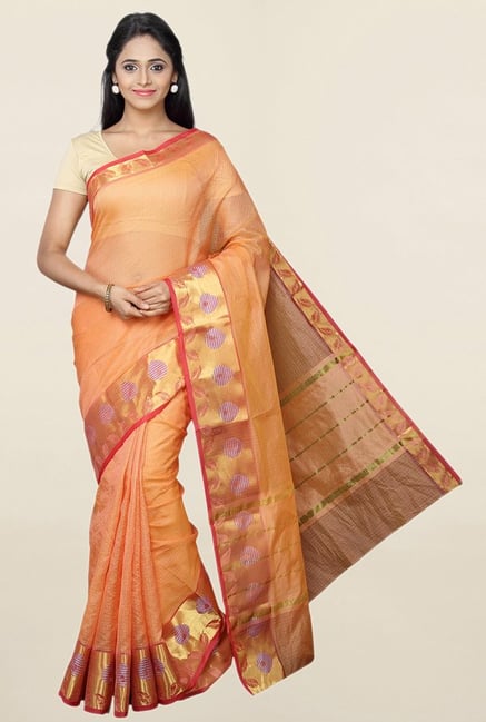 Pavecha's Orange Checks Cotton Silk Saree With Blouse Pavecha's Orange Checks Cotton Silk Saree With Blouse