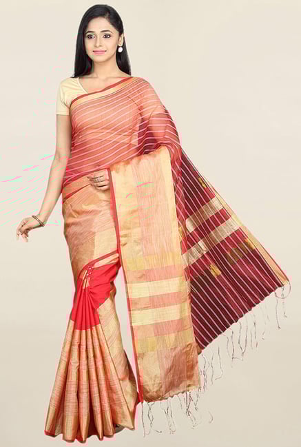 Pavecha's Red Striped Cotton Silk Saree With Blouse Pavecha's Red Striped Cotton Silk Saree With Blouse