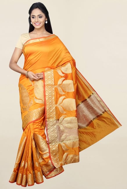 Pavecha's Orange Printed Cotton Silk Saree With Blouse Pavecha's Orange Printed Cotton Silk Saree With Blouse