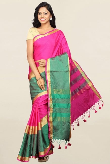 Pavecha's Pink Textured Cotton Silk Saree With Blouse Pavecha's Pink Textured Cotton Silk Saree With Blouse