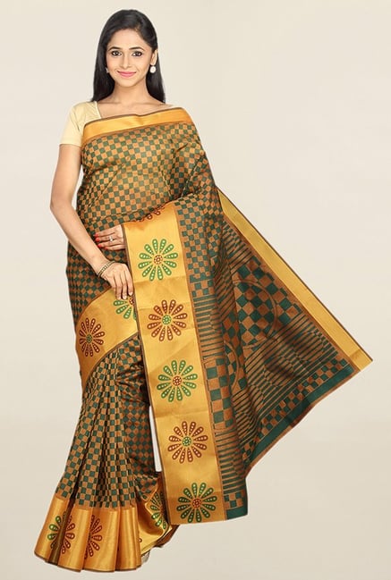 Pavecha's Green & Gold Checks Cotton Silk Saree With Blouse Pavecha's Green & Gold Checks Cotton Silk Saree With Blouse