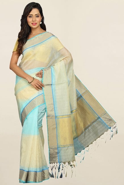 Pavecha's Beige Checks Cotton Silk Saree With Blouse Pavecha's Beige Checks Cotton Silk Saree With Blouse