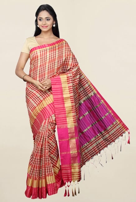 Pavecha's Red Checks Cotton Silk Saree With Blouse Pavecha's Red Checks Cotton Silk Saree With Blouse