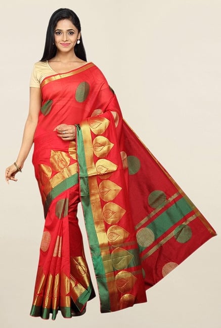 Pavecha's Red Printed Cotton Silk Saree With Blouse Pavecha's Red Printed Cotton Silk Saree With Blouse
