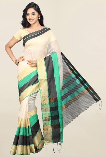 Pavecha's Beige Striped Cotton Silk Saree With Blouse Pavecha's Beige Striped Cotton Silk Saree With Blouse