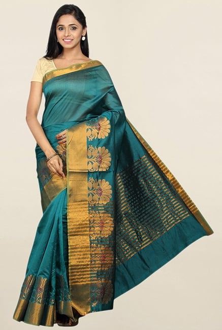 Pavecha's Teal Printed Cotton Silk Saree With Blouse Pavecha's Teal Printed Cotton Silk Saree With Blouse