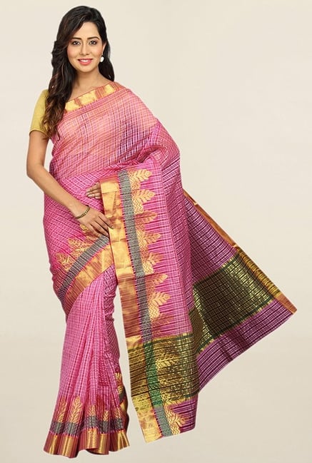 Pavecha's Pink Checks Cotton Silk Saree With Blouse Pavecha's Pink Checks Cotton Silk Saree With Blouse
