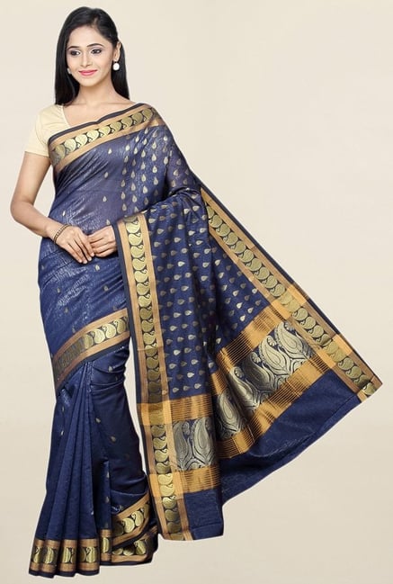 Pavecha's Navy Printed Cotton Silk Saree With Blouse Pavecha's Navy Printed Cotton Silk Saree With Blouse