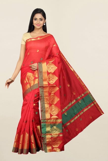 Pavecha's Red Printed Cotton Silk Saree With Blouse Pavecha's Red Printed Cotton Silk Saree With Blouse