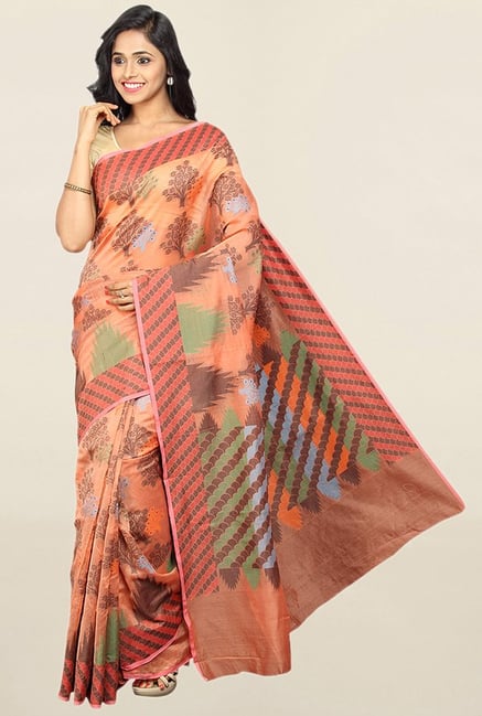 Pavecha's Orange Printed Cotton Silk Saree With Blouse Pavecha's Orange Printed Cotton Silk Saree With Blouse