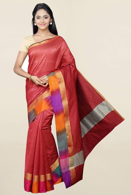 Pavecha's Red Textured Cotton Silk Saree With Blouse Pavecha's Red Textured Cotton Silk Saree With Blouse