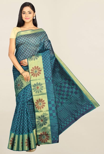 Pavecha's Blue Cotton Silk Mangalagiri Saree With Blouse Pavecha's Blue Cotton Silk Mangalagiri Saree With Blouse