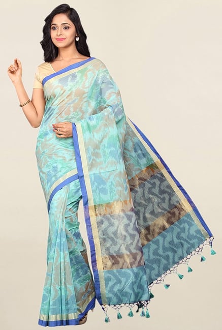 Pavecha's Blue Cotton Silk Banarasi Saree With Blouse Pavecha's Blue Cotton Silk Banarasi Saree With Blouse