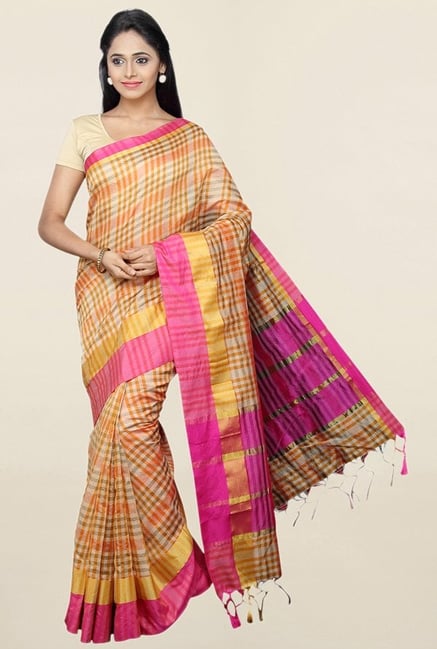 Pavecha's Orange Checks Cotton Silk Saree With Blouse Pavecha's Orange Checks Cotton Silk Saree With Blouse