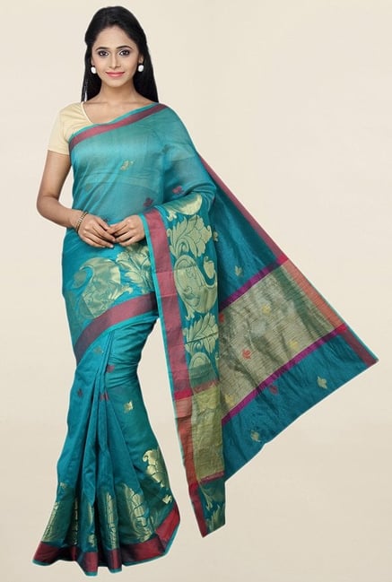 Pavecha's Teal Printed Cotton Silk Saree With Blouse Pavecha's Teal Printed Cotton Silk Saree With Blouse