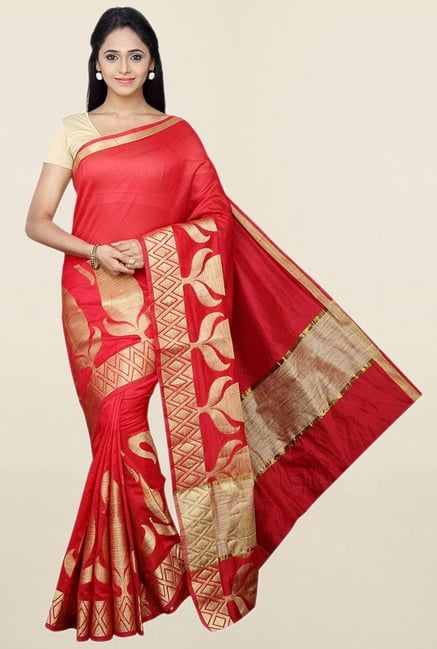 Pavecha's Red Printed Cotton Silk Saree With Blouse Pavecha's Red Printed Cotton Silk Saree With Blouse