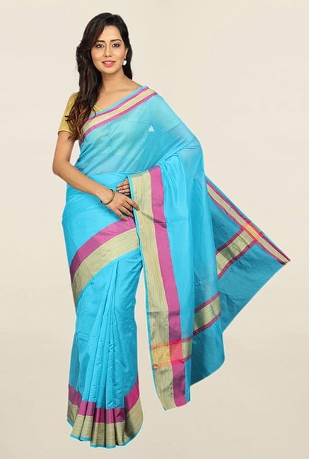 Pavecha's Blue Cotton Silk Banarasi Saree With Blouse Pavecha's Blue Cotton Silk Banarasi Saree With Blouse