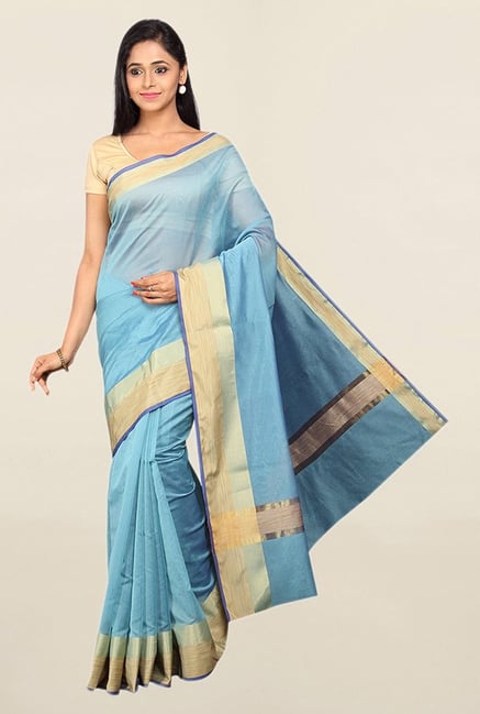 Pavecha's Blue Cotton Silk Banarasi Saree With Blouse Pavecha's Blue Cotton Silk Banarasi Saree With Blouse