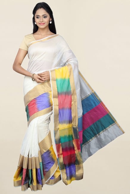 Pavecha's White Cotton Silk Banarasi Saree With Blouse Pavecha's White Cotton Silk Banarasi Saree With Blouse