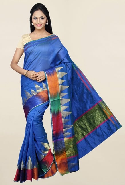 Pavecha's Blue Cotton Silk Saree With Blouse Pavecha's Blue Cotton Silk Saree With Blouse