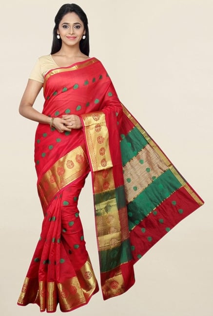Pavecha's Red Cotton Silk Banarasi Saree With Blouse Pavecha's Red Cotton Silk Banarasi Saree With Blouse