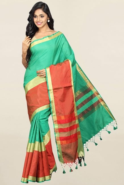Pavecha's Green Striped Cotton Silk Saree With Blouse Pavecha's Green Striped Cotton Silk Saree With Blouse