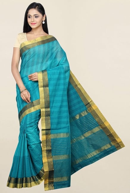 Pavecha's Blue Checks Cotton Saree With Blouse Pavecha's Blue Checks Cotton Saree With Blouse