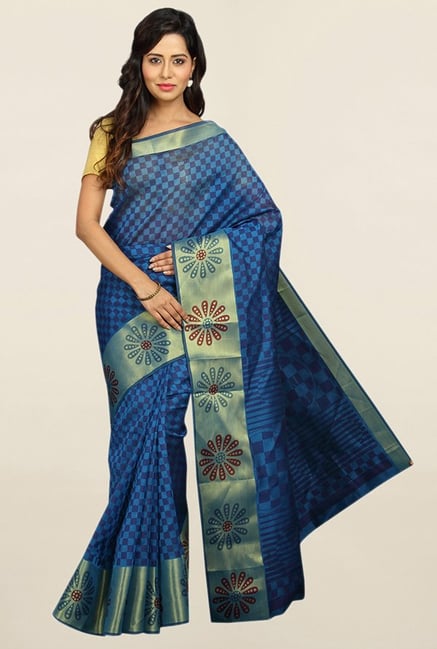 Pavecha's Blue Cotton Silk Mangalagiri Saree With Blouse Pavecha's Blue Cotton Silk Mangalagiri Saree With Blouse