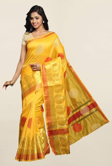 Pavecha's Yellow Cotton Silk Banarasi Saree With Blouse Pavecha's Yellow Cotton Silk Banarasi Saree With Blouse