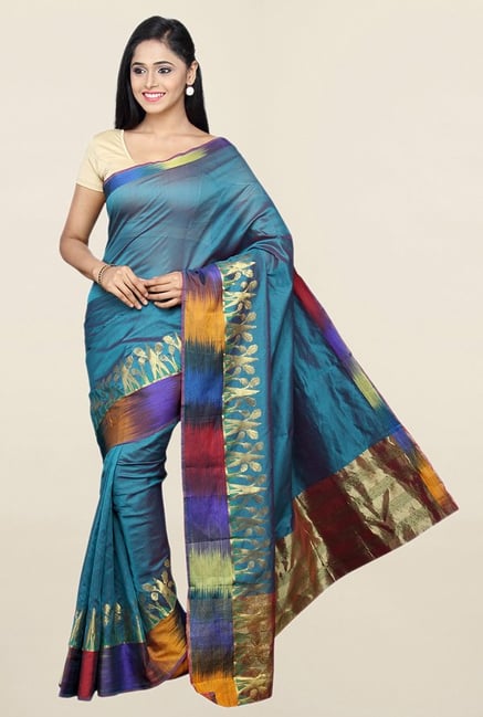 Pavecha's Blue Cotton Silk Banarasi Saree With Blouse Pavecha's Blue Cotton Silk Banarasi Saree With Blouse