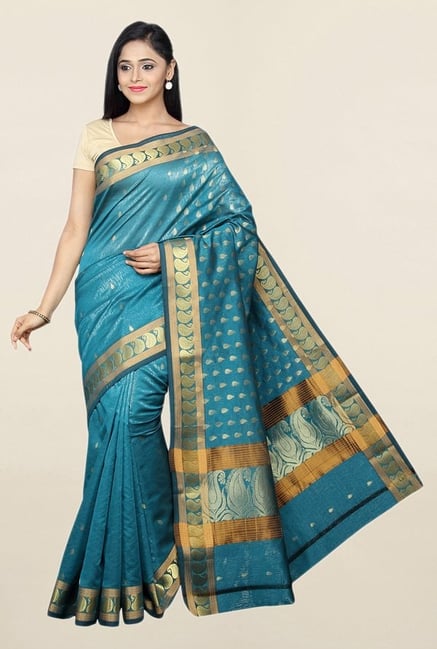 Pavecha's Blue Cotton Silk Banarasi Saree With Blouse Pavecha's Blue Cotton Silk Banarasi Saree With Blouse