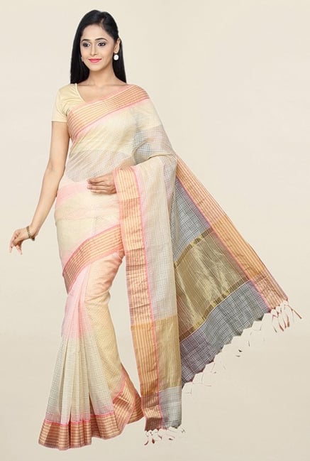 Pavecha's Beige Cotton Silk Kota Doria Saree With Blouse Pavecha's Beige Cotton Silk Kota Doria Saree With Blouse