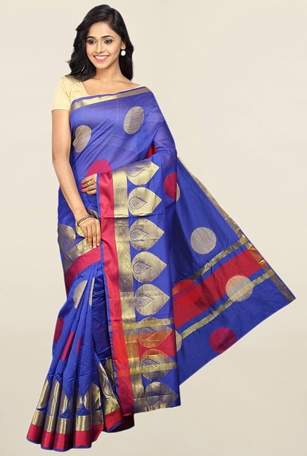 Pavecha's Blue Cotton Silk Banarasi Saree With Blouse Pavecha's Blue Cotton Silk Banarasi Saree With Blouse