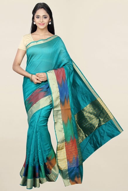 Pavecha's Teal Cotton Silk Banarasi Saree With Blouse Pavecha's Teal Cotton Silk Banarasi Saree With Blouse