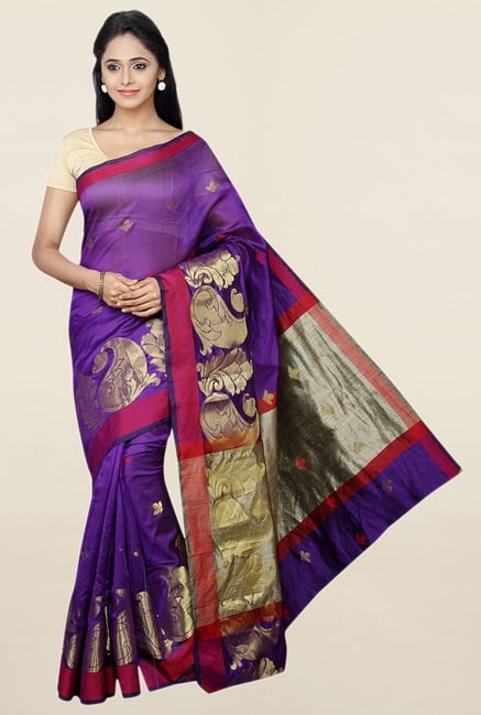 Pavecha's Purple Cotton Silk Banarasi Saree With Blouse Pavecha's Purple Cotton Silk Banarasi Saree With Blouse
