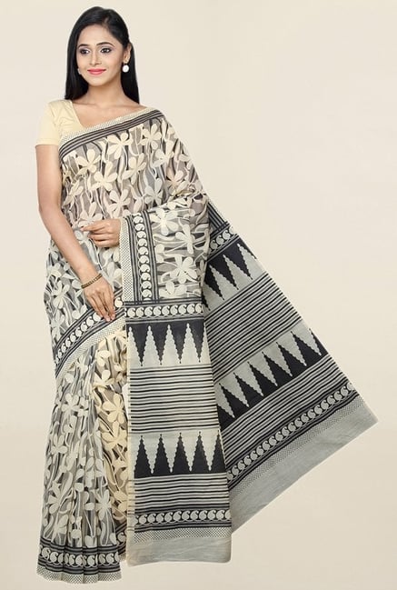 Pavecha's Beige & Black Printed Cotton Saree With Blouse Pavecha's Beige & Black Printed Cotton Saree With Blouse