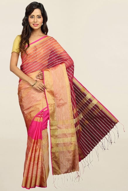 Pavecha's Maroon Cotton Silk Banarasi Saree With Blouse Pavecha's Maroon Cotton Silk Banarasi Saree With Blouse
