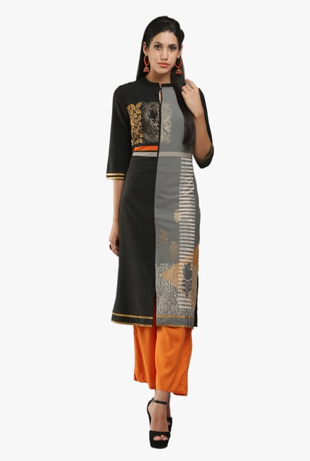W Grey & Black Block Print Kurta W Grey & Black Block Print Kurta