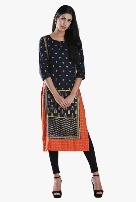 W Navy & Orange Block Print Viscose Kurta W Navy & Orange Block Print Viscose Kurta
