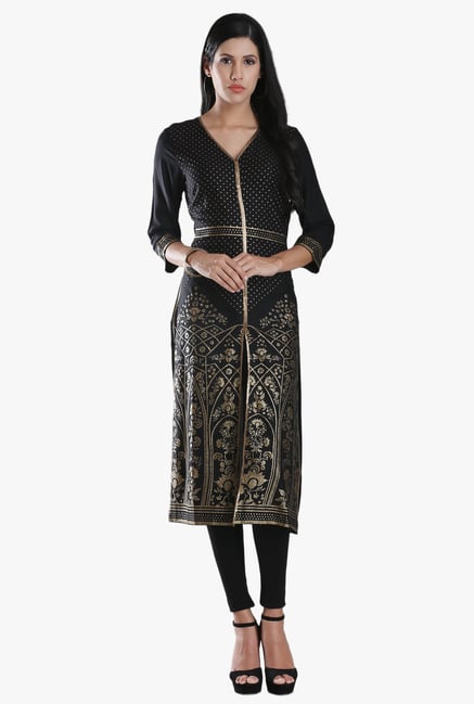 W Black Block Print Viscose Kurta W Black Block Print Viscose Kurta